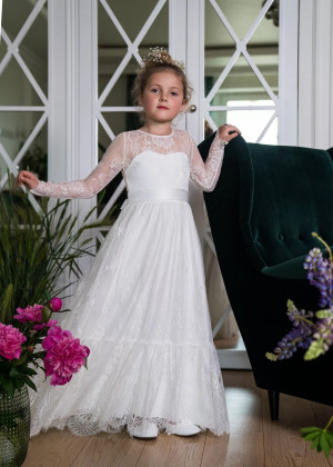 Long Sleeves Ivory Eyelash Lace Slit Back Flower Girl Dress